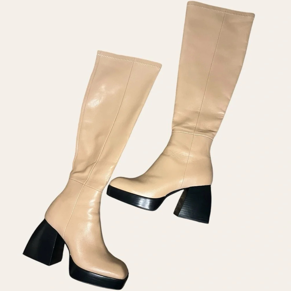 Jeffrey Campbell Dauphin Over The Knee Tan Boots Square Toe Platform Heel 8.5 - Picture 3 of 13